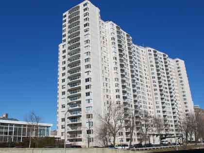 Riverdale Building, multi-storey apartment buildings with treelined avenue