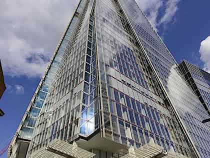 view looking up at The Shard with blue sky background. Our commissioning water treatment services were performed